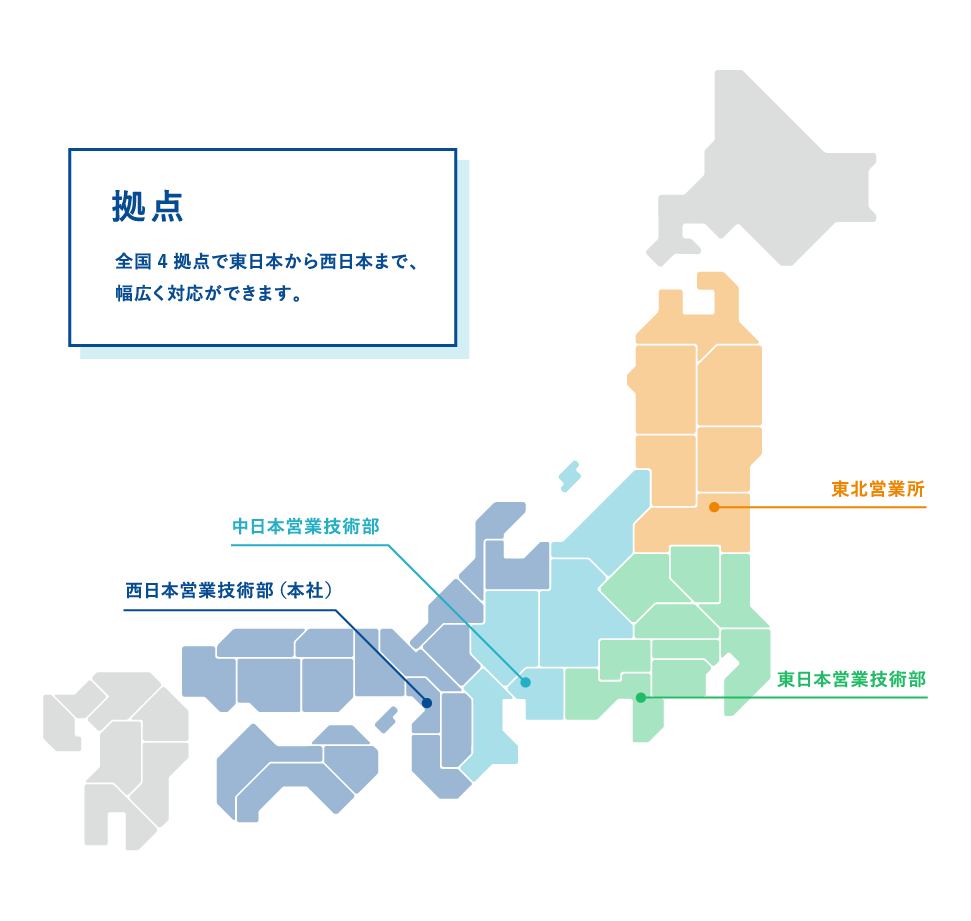 拠点 全国4拠点で東日本から西日本まで、幅広く対応ができます。 東北営業所 東⽇本営業技術部 中⽇本営業技術部 ⻄⽇本営業技術部（本社）